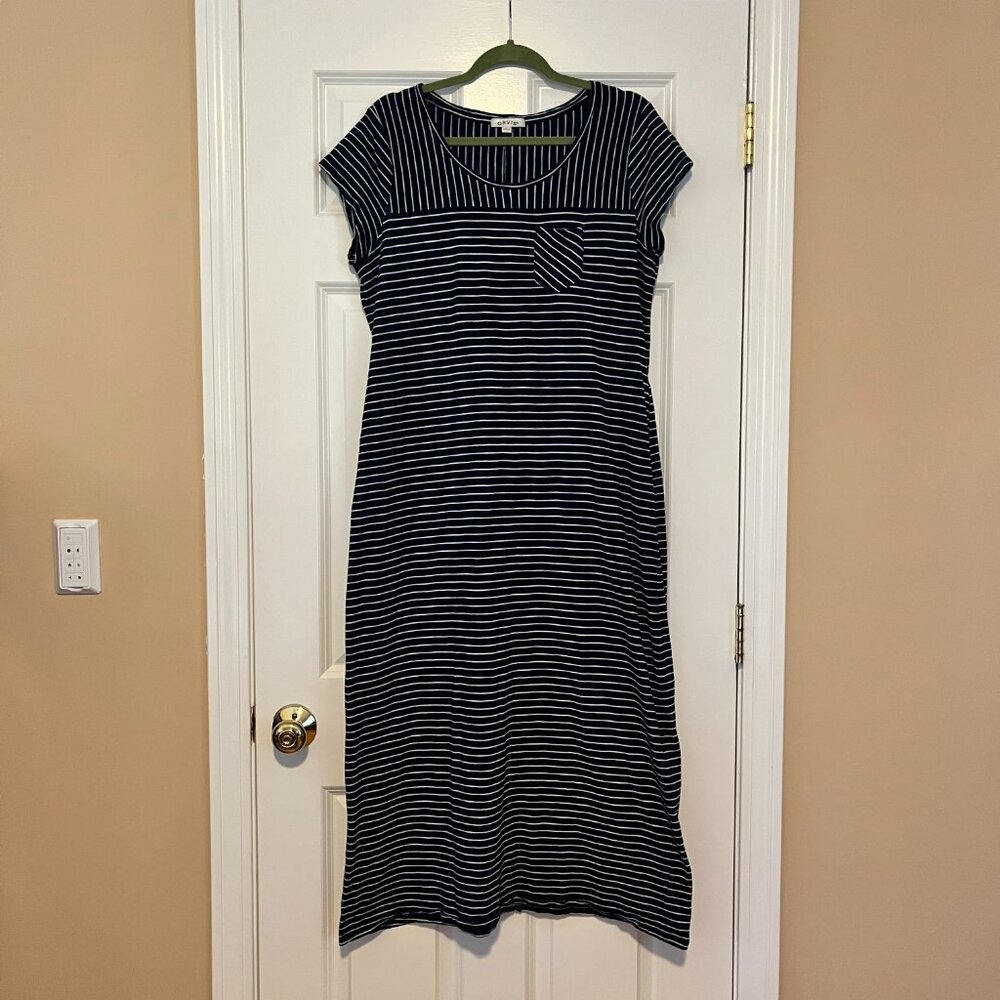 Orvis Striped Navy Blue Cotton Maxi Dress Cap Sleeve Chest Pocket Size L